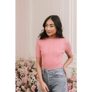 Rachel Parcell Sweater Ribbed Knit Short Sleeves Coquette Y2K Barbie Pink Size M